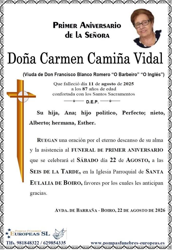 Doña Carmen Camiña Vidal (22/08/2026)