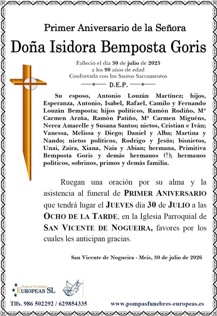Doña Isidora Bemposta Goris (30/07/2026)