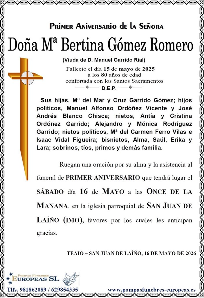 Doña Mª Bertina Gómez Romero (16/05/2026)