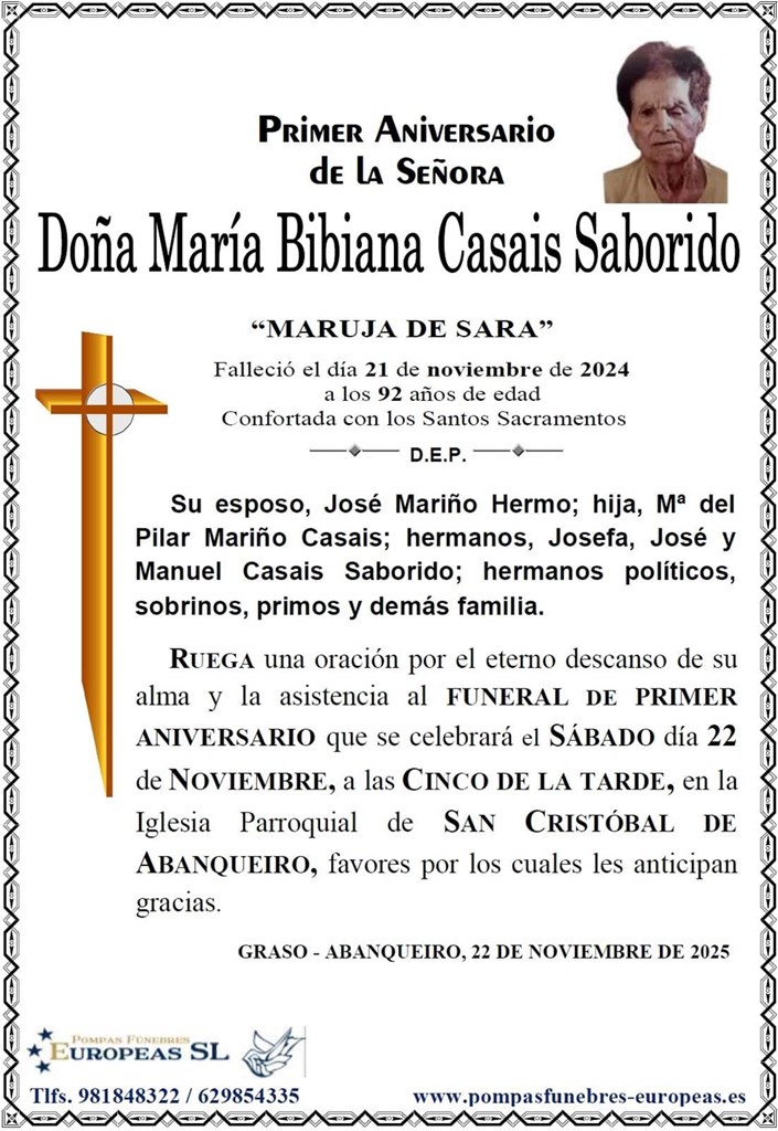 Doña Mª Bibiana Casais Saborido (22/11/2025)