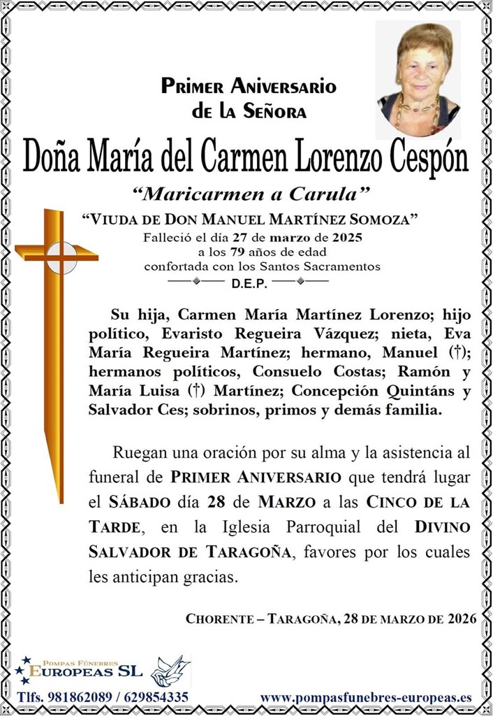 Doña Mª del Carmen Lorenzo Cespón (28/03/2026)