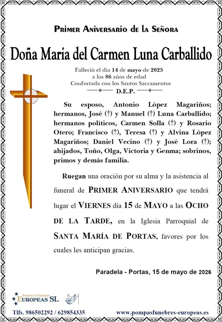 Doña Mª del Carmen Luna Carballido (15/05/2026)