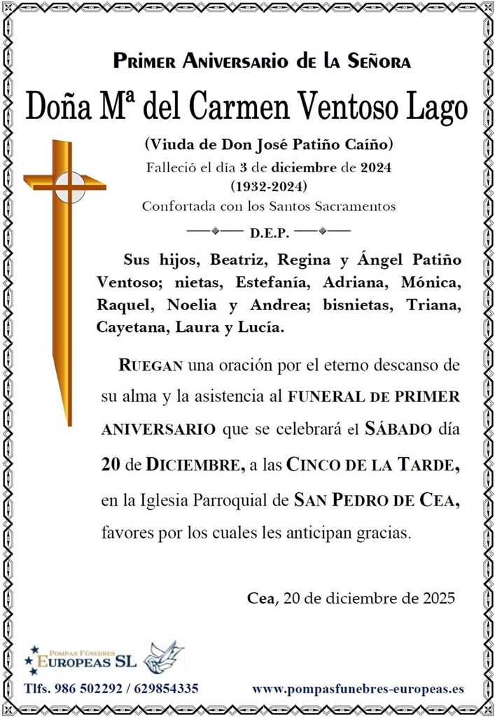 Doña Mª del Carmen Ventoso Lago (20/12/2025)