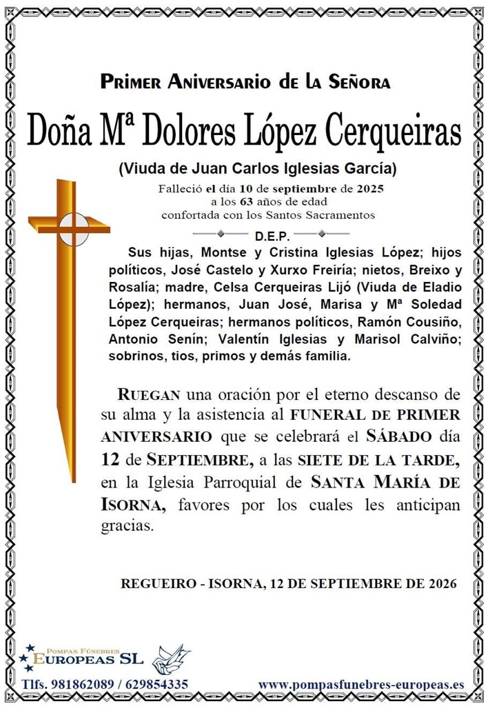 Doña Mª Dolores López Cerqueiras (12/09/2026)