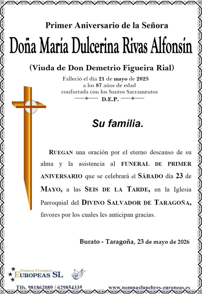 Doña Mª Dulcerina Rivas Alfonsín (23/05/2026)