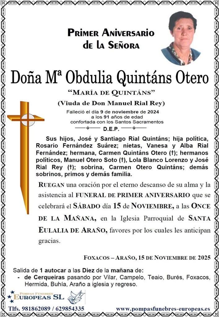 Doña Mª Obdulia Quintáns Otero (15/11/2025)