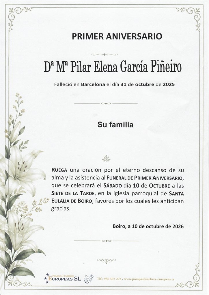 Doña Mª Pilar Elena García Piñeiro (10/10/2026)