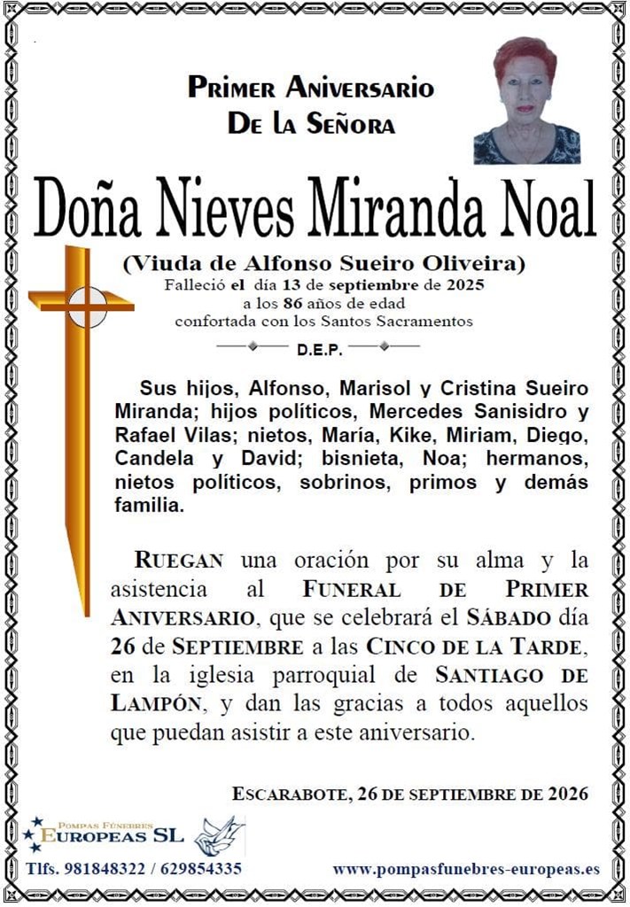 Doña Nieves Miranda Noal (26/09/2026)