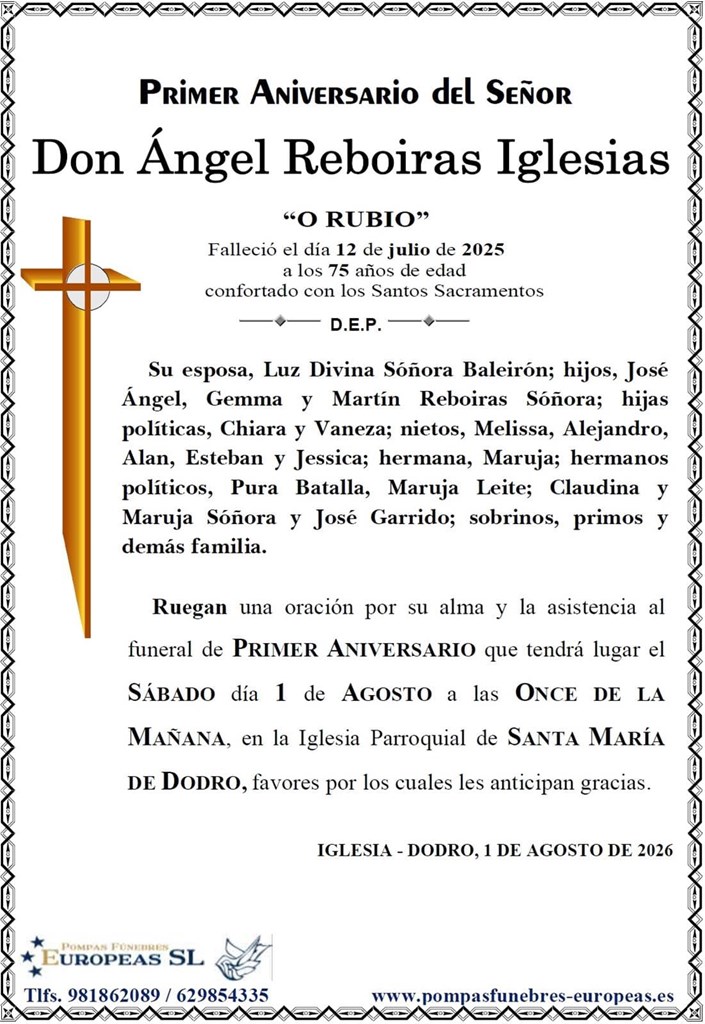Don Ángel Reboiras Iglesias (01/08/2026)