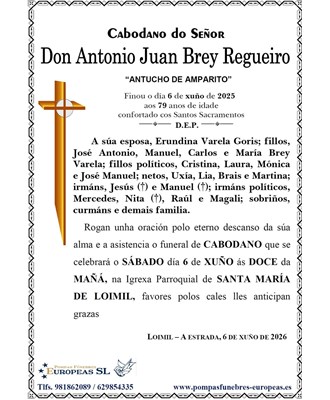 Don Antonio Juan Brey Regueira (06/06/2026)