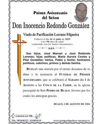 Don Inocencio Redondo González (01/08/2026)