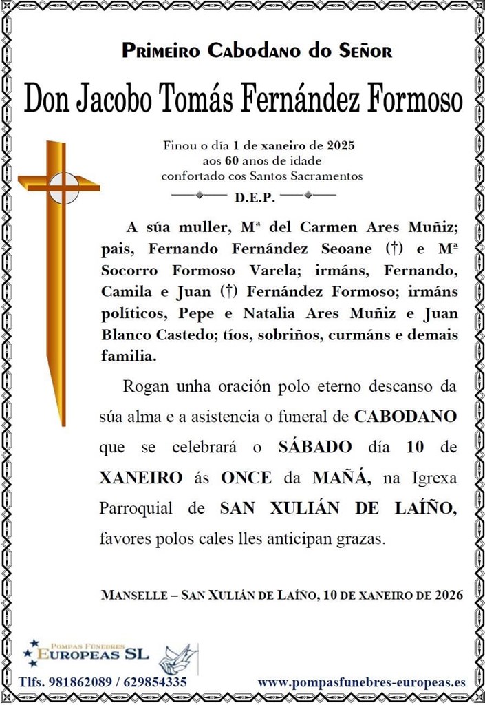 Don Jacobo Tomás Fernández Formoso (10/01/2026)