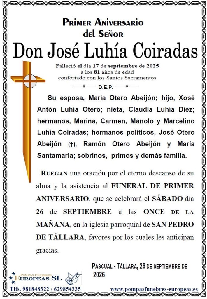 Don José Luhía Coiradas (26/09/2026)