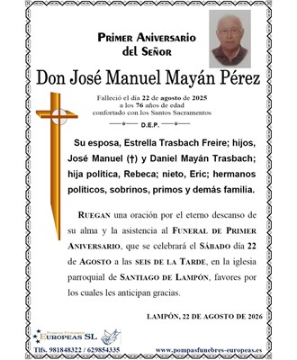 Don José Manuel Mayán Pérez (22/08/2026)