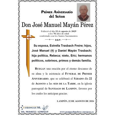 Don José Manuel Mayán Pérez (22/08/2026)
