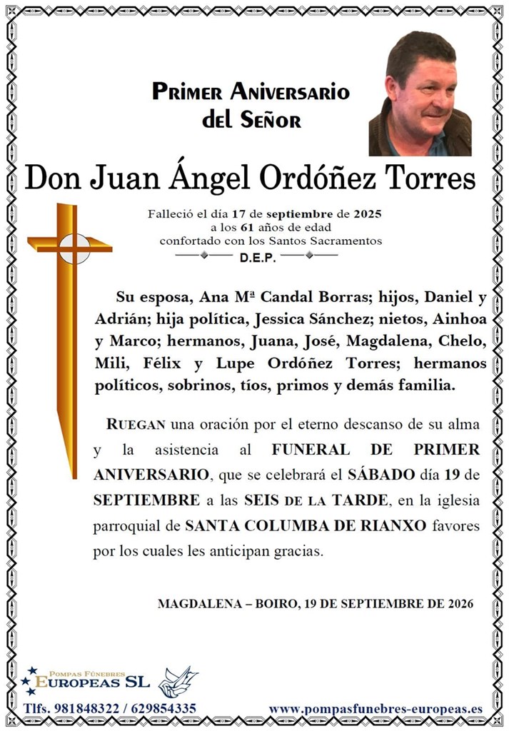 Don Juan Ángel Ordóñez Torres (19/09/2026)