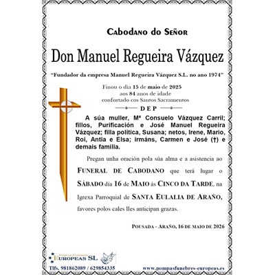 Don Manuel Regueira Vázquez (16/05/2026)