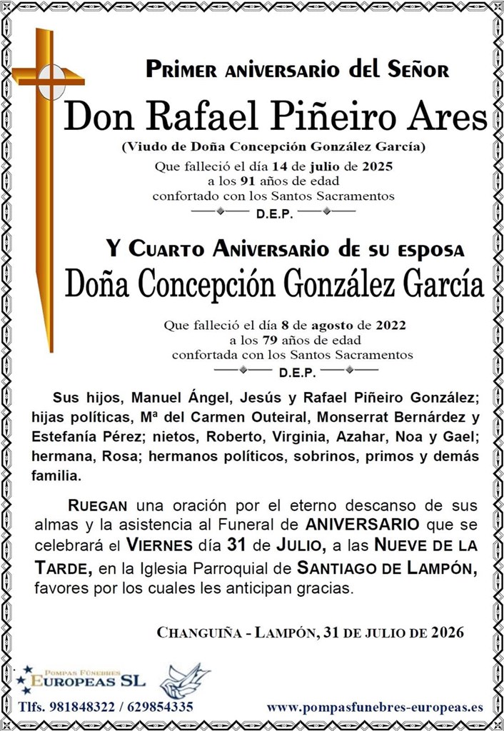 Don Rafael Piñeiro Ares y Concepción González García (31/07/2026)
