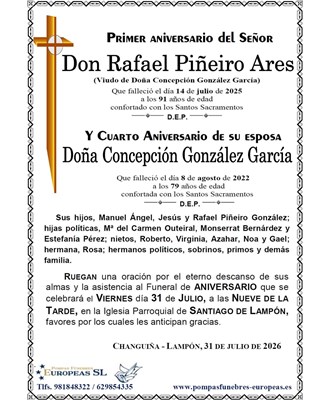 Don Rafael Piñeiro Ares y Concepción González García (31/07/2026)