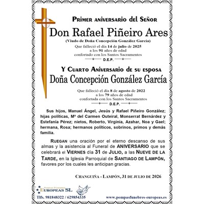 Don Rafael Piñeiro Ares y Concepción González García (31/07/2026)