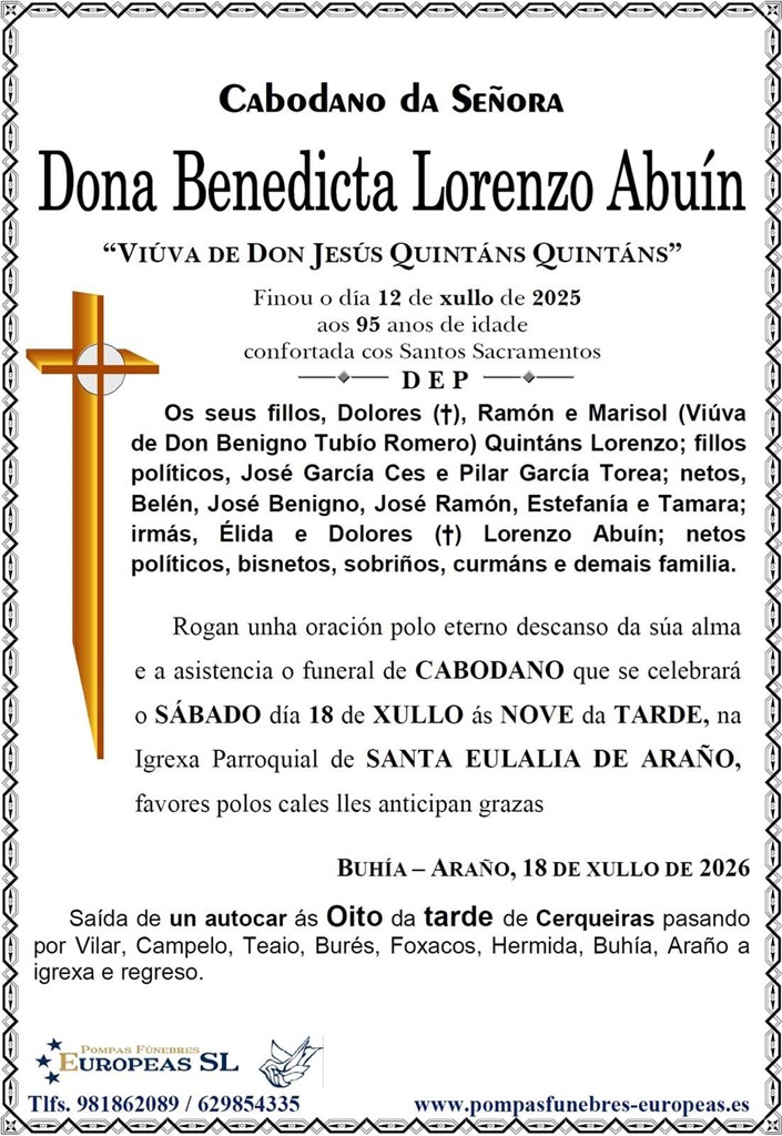 Dona Benedicta Lorenzo Abuín (18/07/2026)