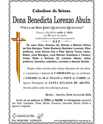 Dona Benedicta Lorenzo Abuín (18/07/2026)