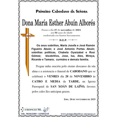 Dona Mª Esther Abuín Alborés (28/11/2025)