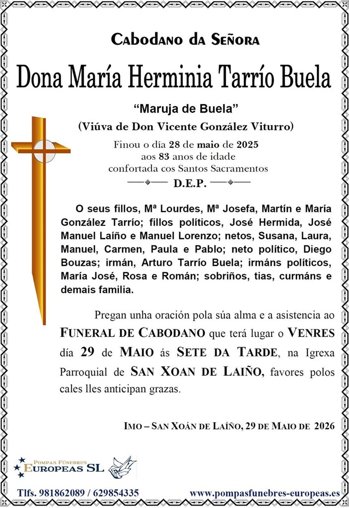 Dona Mª Herminia Tarrío Buela (29/05/2026)