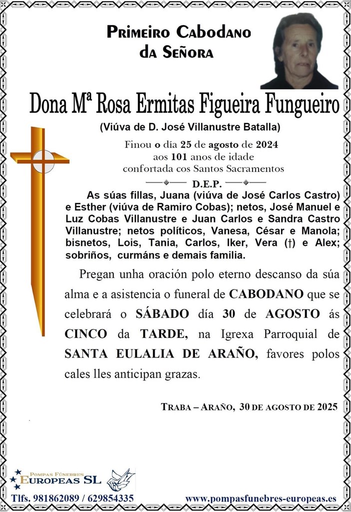 Dona Mª Rosa Ermitas Figueira Fungueiro (30/08/2025)