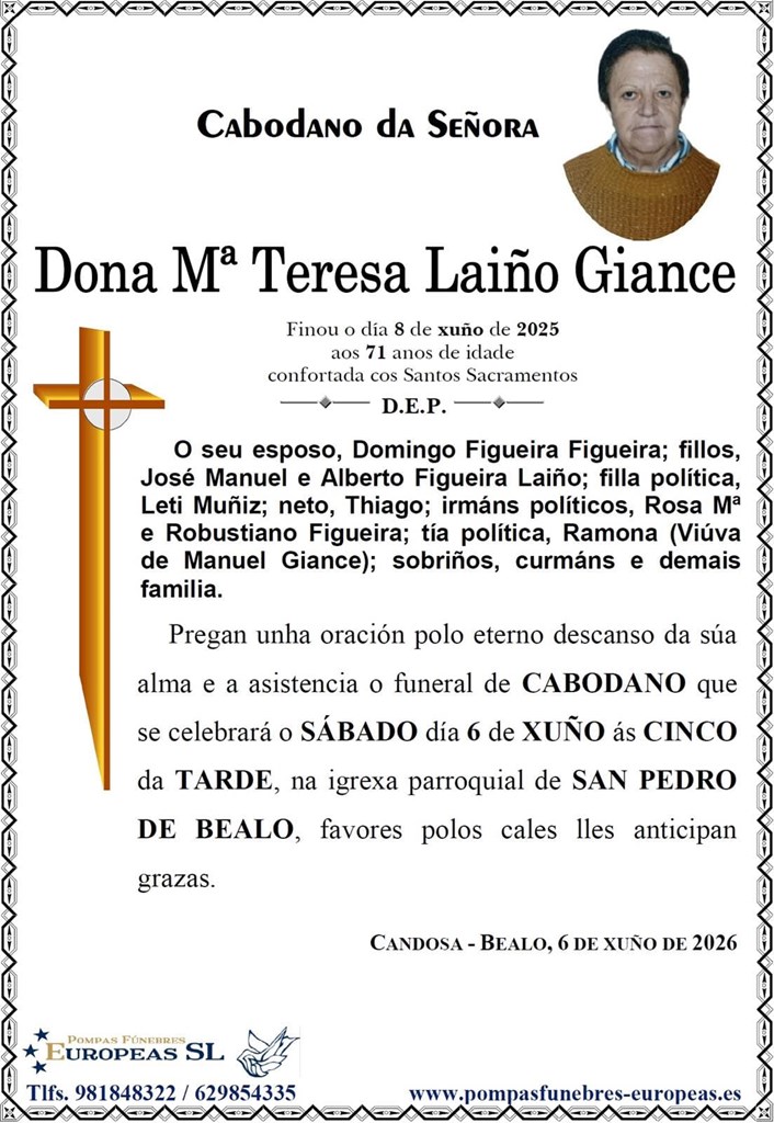 Dona Mª Teresa Laíño Giance (06/06/2026)