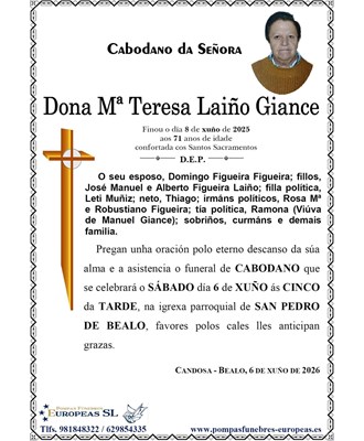 Dona Mª Teresa Laíño Giance (06/06/2026)