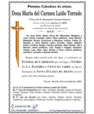 Dona María del Carmen Laíño Torrado (02/01/2026)