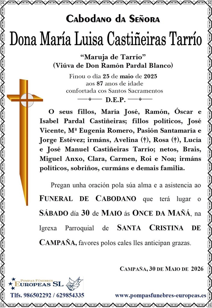 Dona María Luisa Castiñeiras Tarrío (30/05/2026)