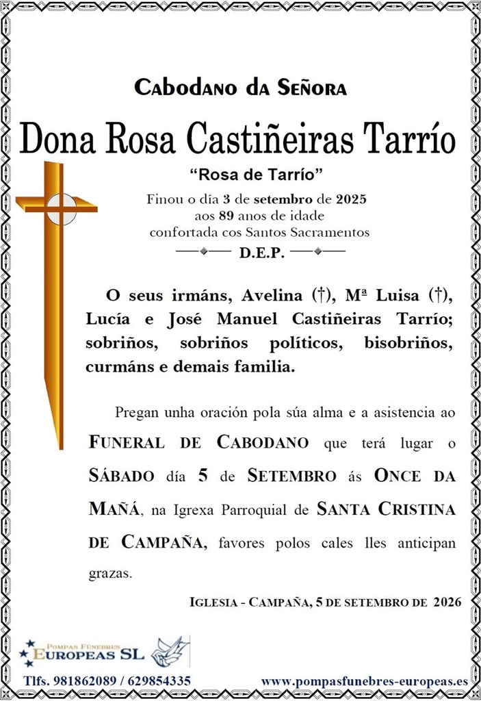 Dona Rosa Castiñeiras Tarrío (05/09/2026)