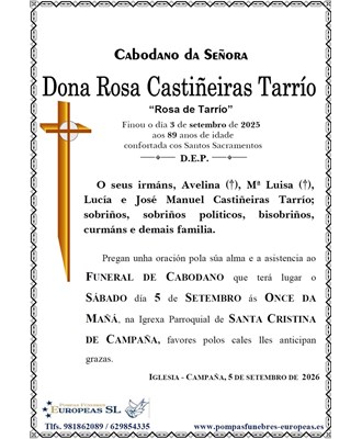 Dona Rosa Castiñeiras Tarrío (05/09/2026)