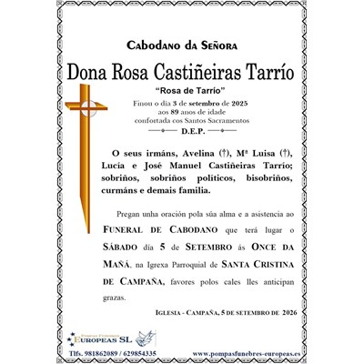 Dona Rosa Castiñeiras Tarrío (05/09/2026)