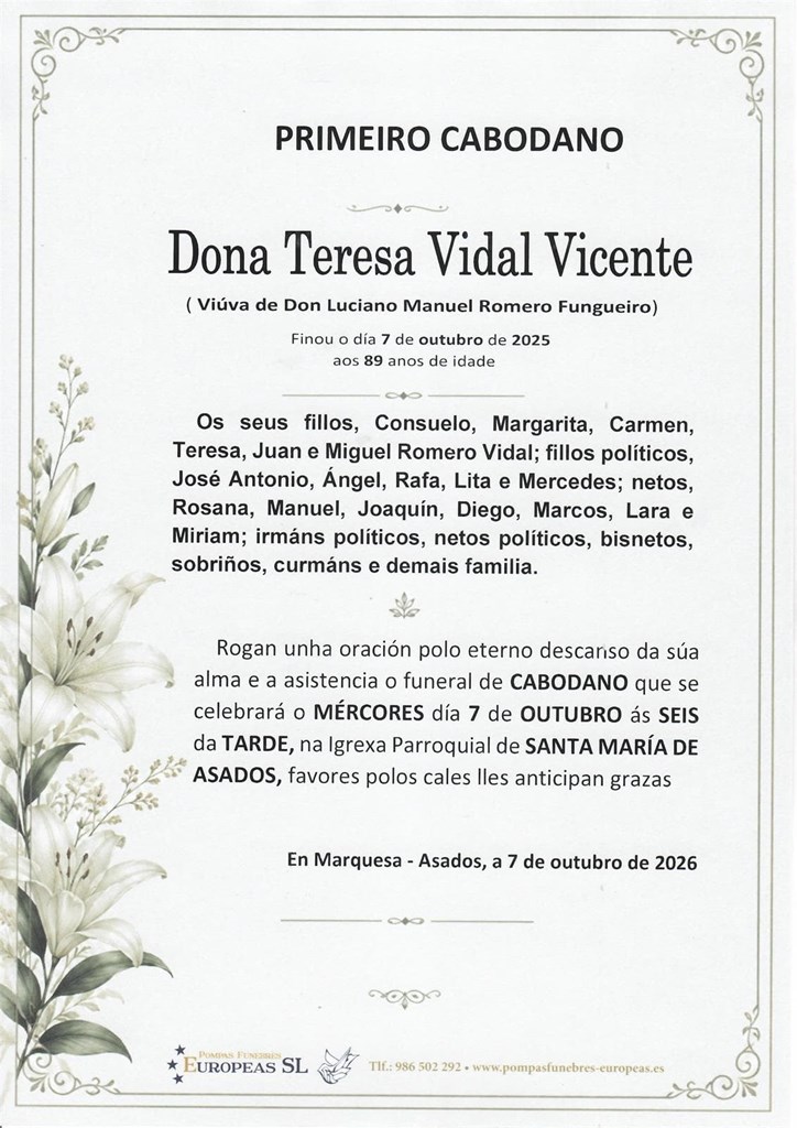 Dona Teresa Vidal Vicente (07/10/2026)