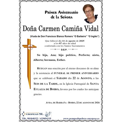 Doña Carmen Camiña Vidal (22/08/2026)