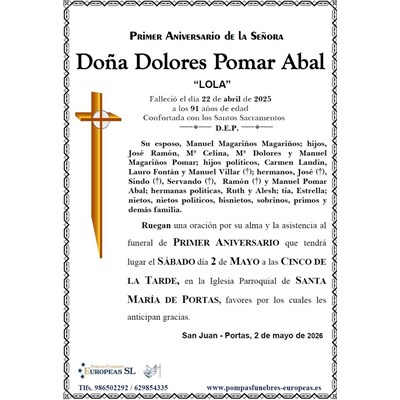 Doña Dolores Pomar Abal (02/05/20269