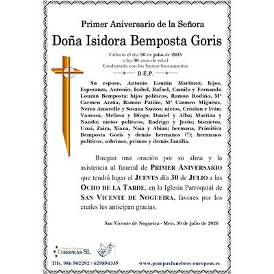 Doña Isidora Bemposta Goris (30/07/2026)