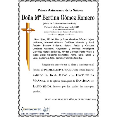 Doña Mª Bertina Gómez Romero (16/05/2026)
