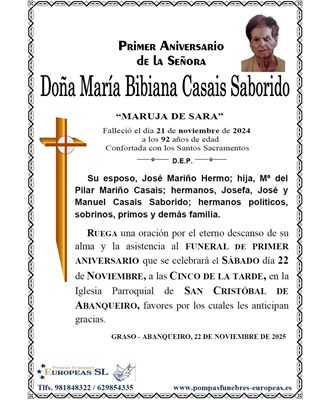 Doña Mª Bibiana Casais Saborido (22/11/2025)