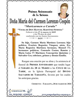 Doña Mª del Carmen Lorenzo Cespón (28/03/2026)
