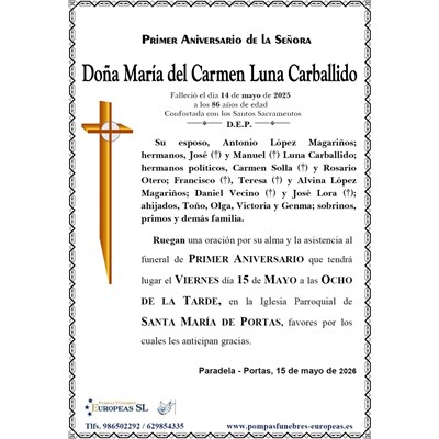 Doña Mª del Carmen Luna Carballido (15/05/2026)