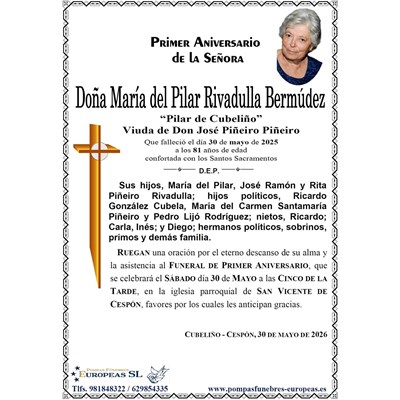 Doña Mª del Pilar Rivadulla Bermúdez (30/05/2026)