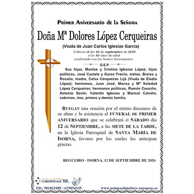 Doña Mª Dolores López Cerqueiras (12/09/2026)