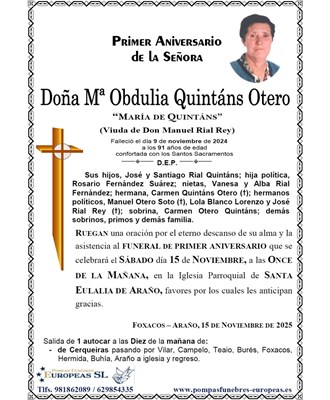 Doña Mª Obdulia Quintáns Otero (15/11/2025)
