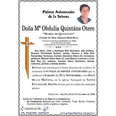 Doña Mª Obdulia Quintáns Otero (15/11/2025)