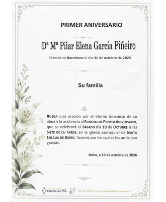 Doña Mª Pilar Elena García Piñeiro (10/10/2026)