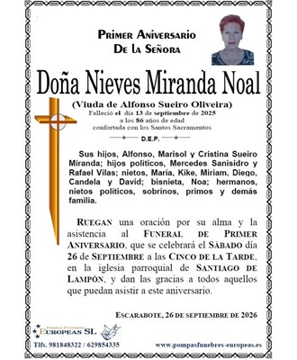 Doña Nieves Miranda Noal (26/09/2026)